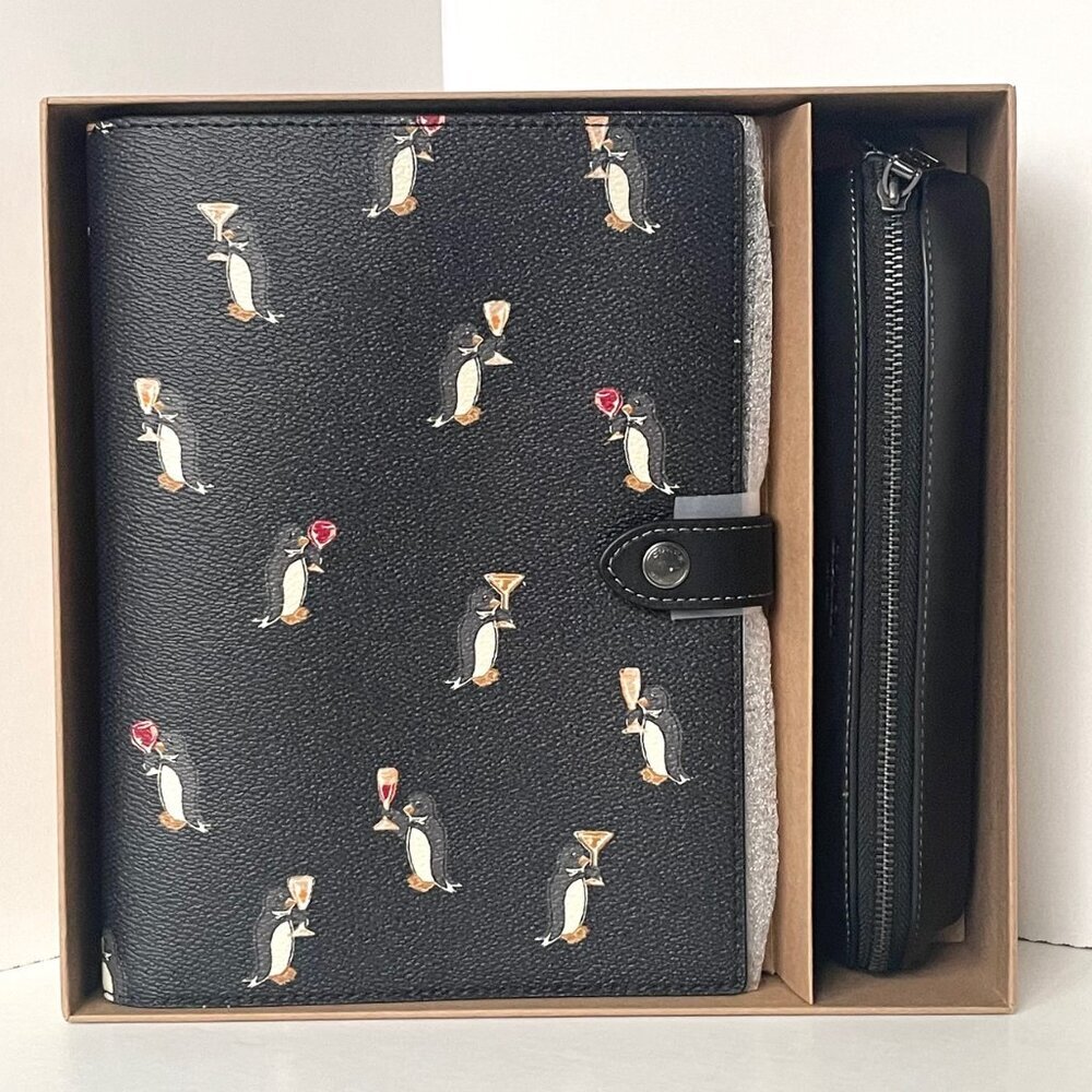 Coach CCP98 Boxed Notebook & Pencil Case Black Signature Canvas Penguin Leather